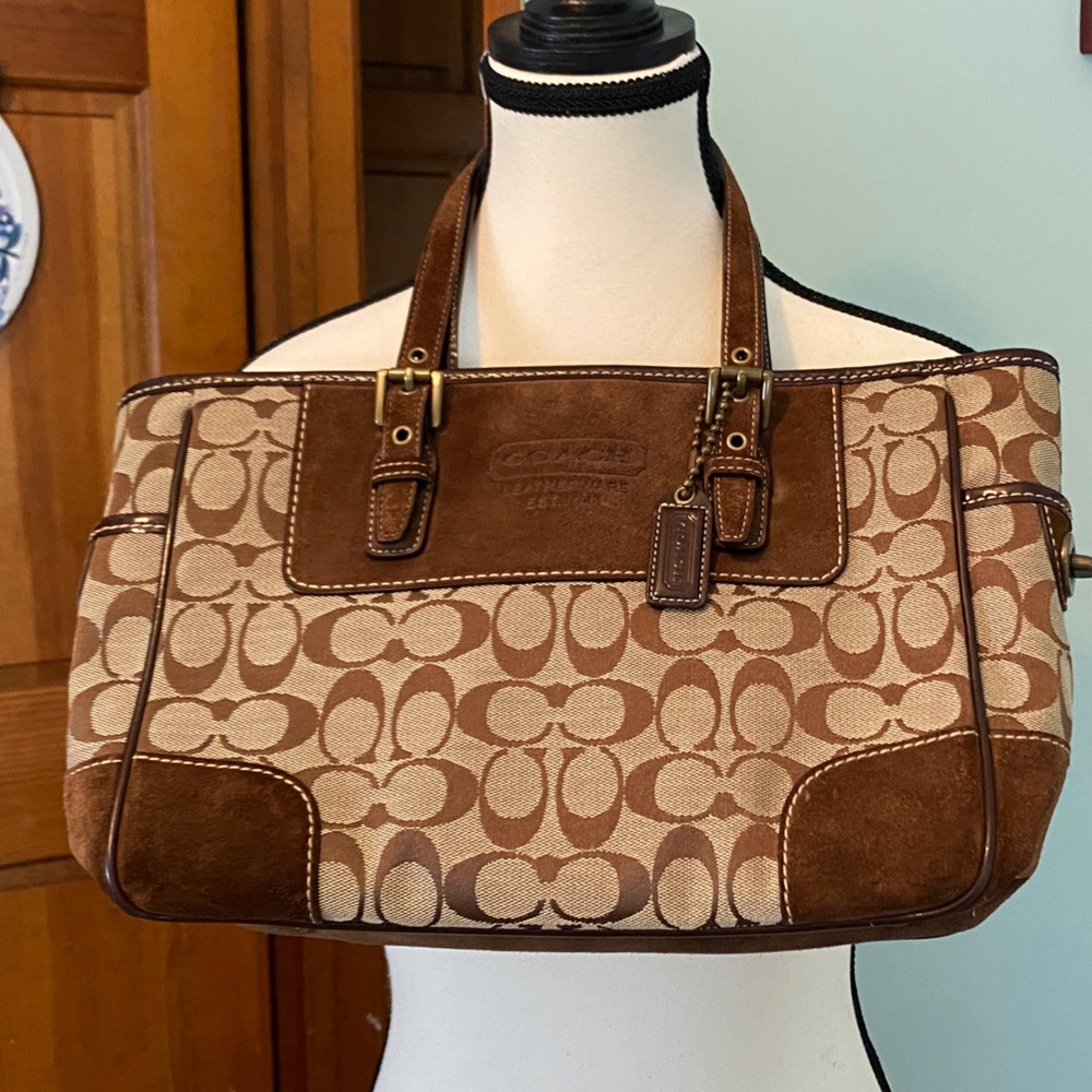 Coach Brown Signature Canvas Shoulder Bag with Leather Trim